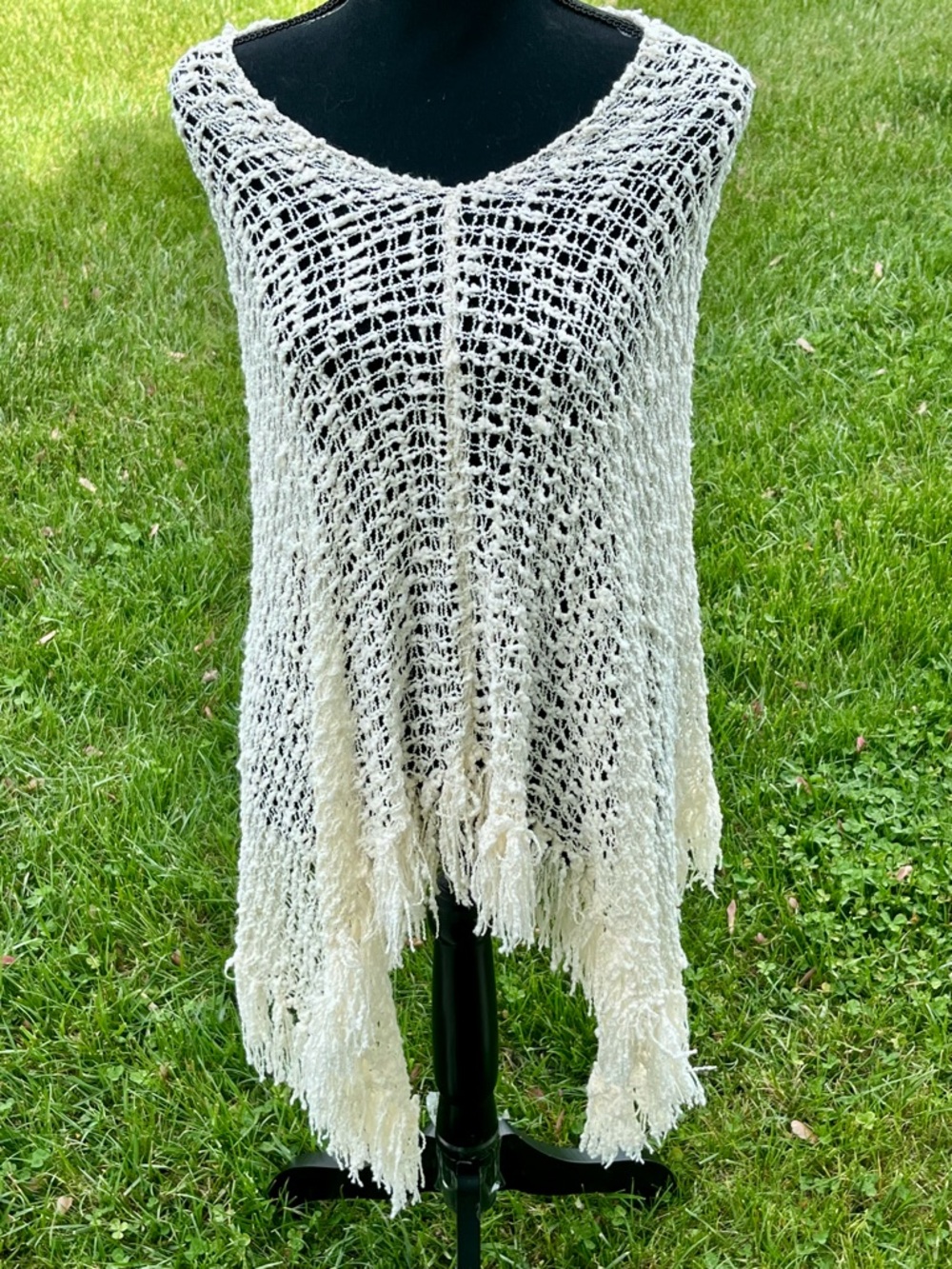 Lost River Cream Crochet Fringe Poncho Pullover | Boho Handmade Indonesia One SZ